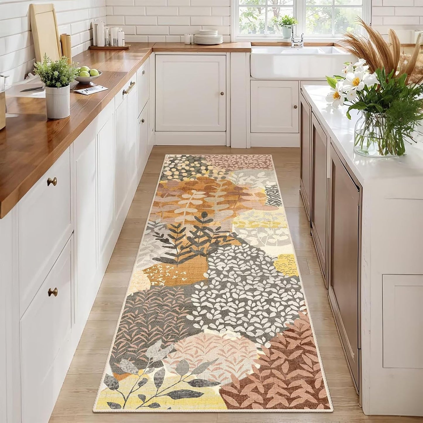 DEXDE Runner Rug 2x6 Washable Hallway Boho Soft Area Rugs Abstract Long Non Slip Botanical Leaves Floral Print Carpet for Entryway, Kitchen, Laundry, Bathroom, Bedroom,Blue