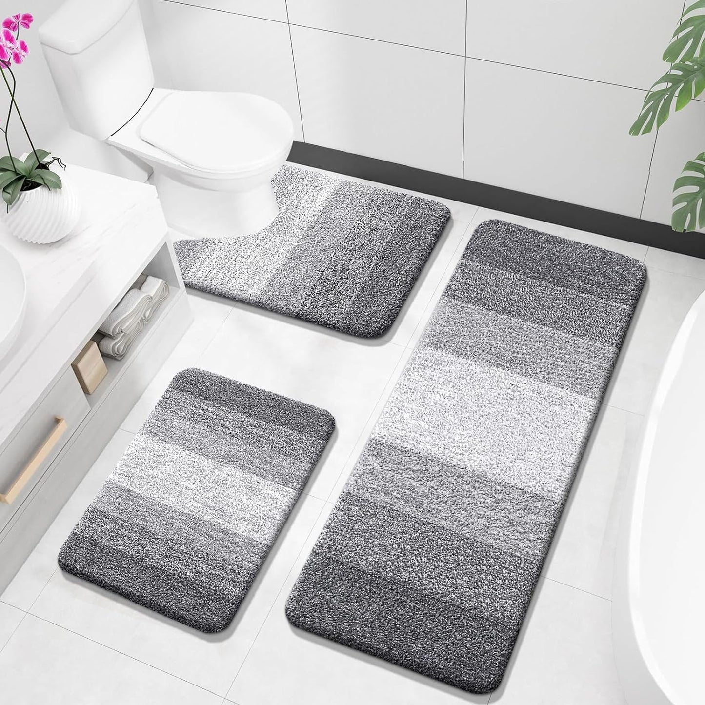 OLANLY Bathroom Rugs Sets 3 Piece, Soft Absorbent Microfiber Bath Mats and U-Shaped Contour Toilet Rug, Plush Shaggy Bath Mat Set for Bathroom (30"x20"+24"x16"+24"x20", Blackish Green)