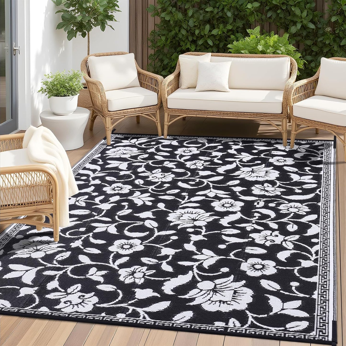 OLANLY Waterproof Outdoor Rug 5x8 ft, Outdoor Plastic Straw Rug with Flower Pattern, Reversible RV Mat for Patio, Camping, Balcony, Deck, Backyard, Black & White