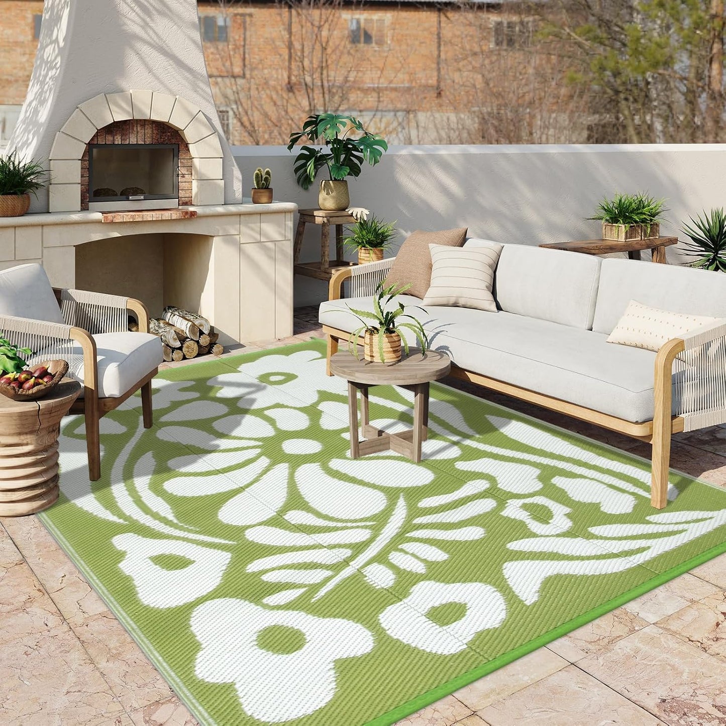Uphome Outdoor Rug Mat Waterproof 5x8 ft, Reversible Outdoor Plastic Straw Rug, Orange Floral Patio Rug, Foldable RV Camping Rug, Indoor Outdoor Area Rug for Backyard Deck Pool Balcony Picnic, 5'x8'