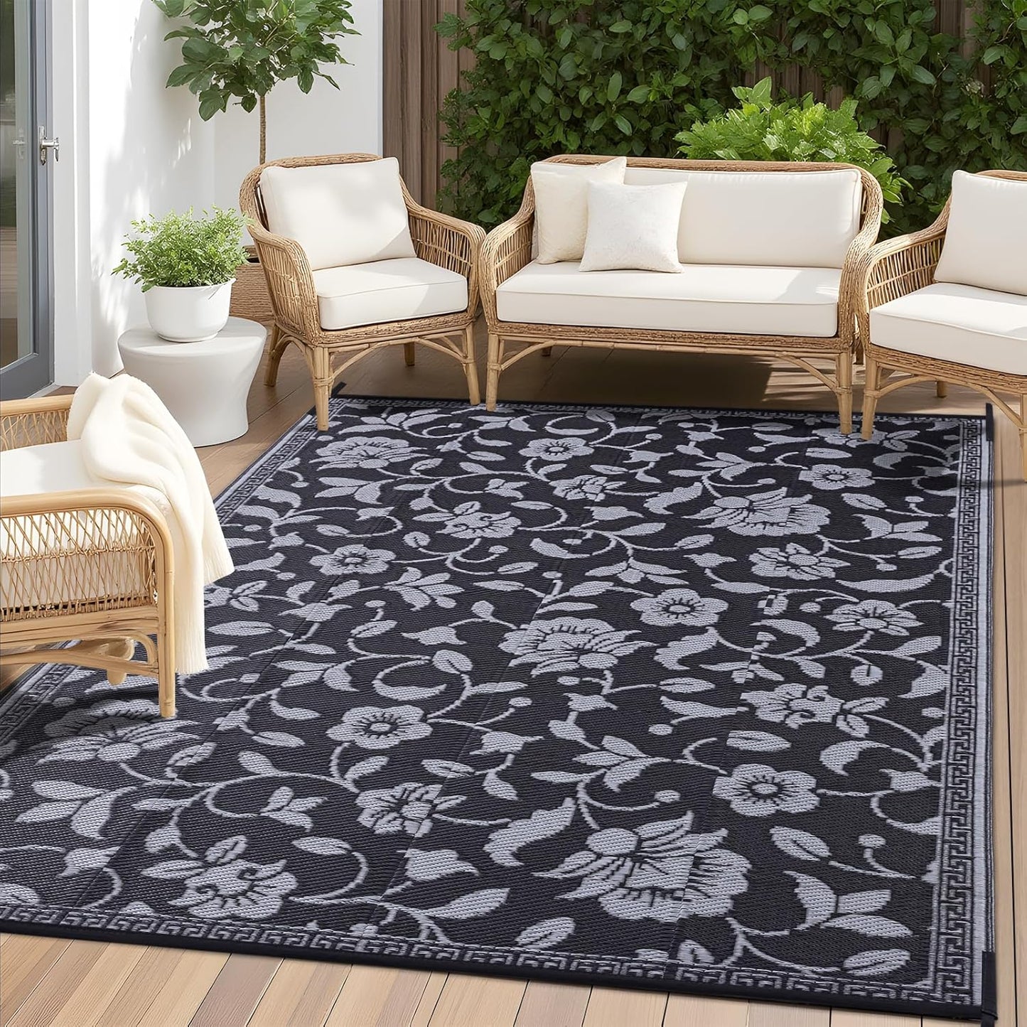 OLANLY Waterproof Outdoor Rug 5x8 ft, Outdoor Plastic Straw Rug with Flower Pattern, Reversible RV Mat for Patio, Camping, Balcony, Deck, Backyard, Black & White