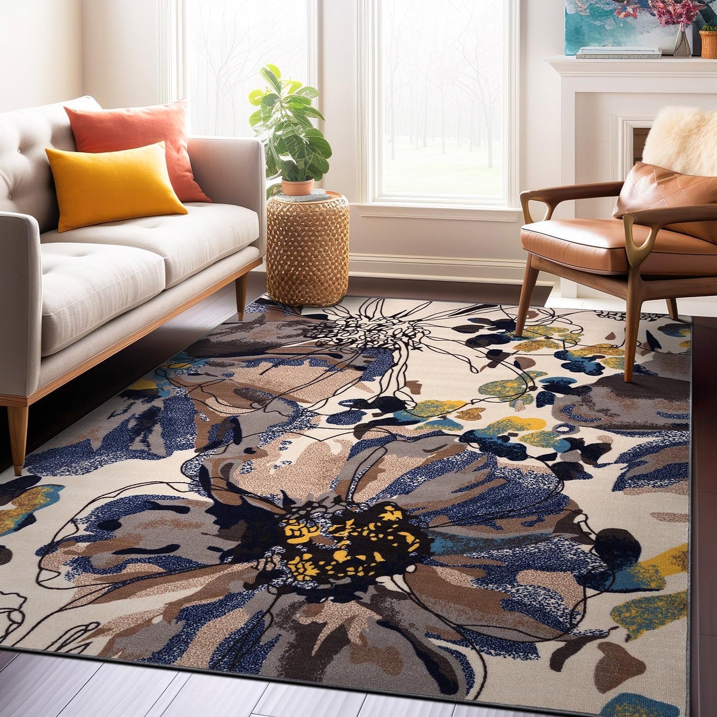 Rugshop Modern Bright Flowers Non-Slip (Non-Skid) Area Rug 8 x 10 (7' 10" x 10') Multi