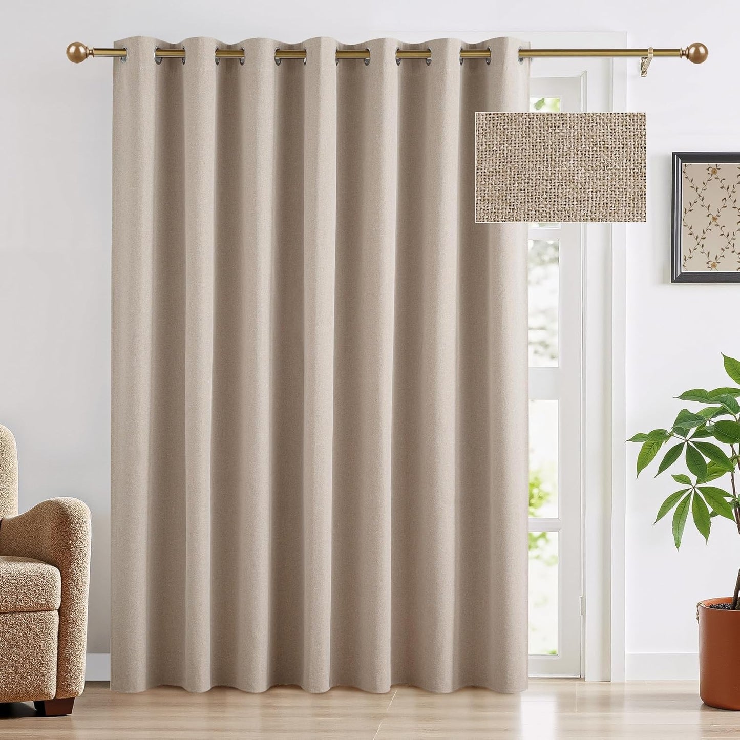 RYB HOME 100% Blackout Linen Curtains for Sliding Glass Doors, Extra Wide Thermal Insulated Privacy Curtains for Bedroom/Patio Door/Living Room/Open Closet, Room Divider, Linen, W100xL84, 1 Panel