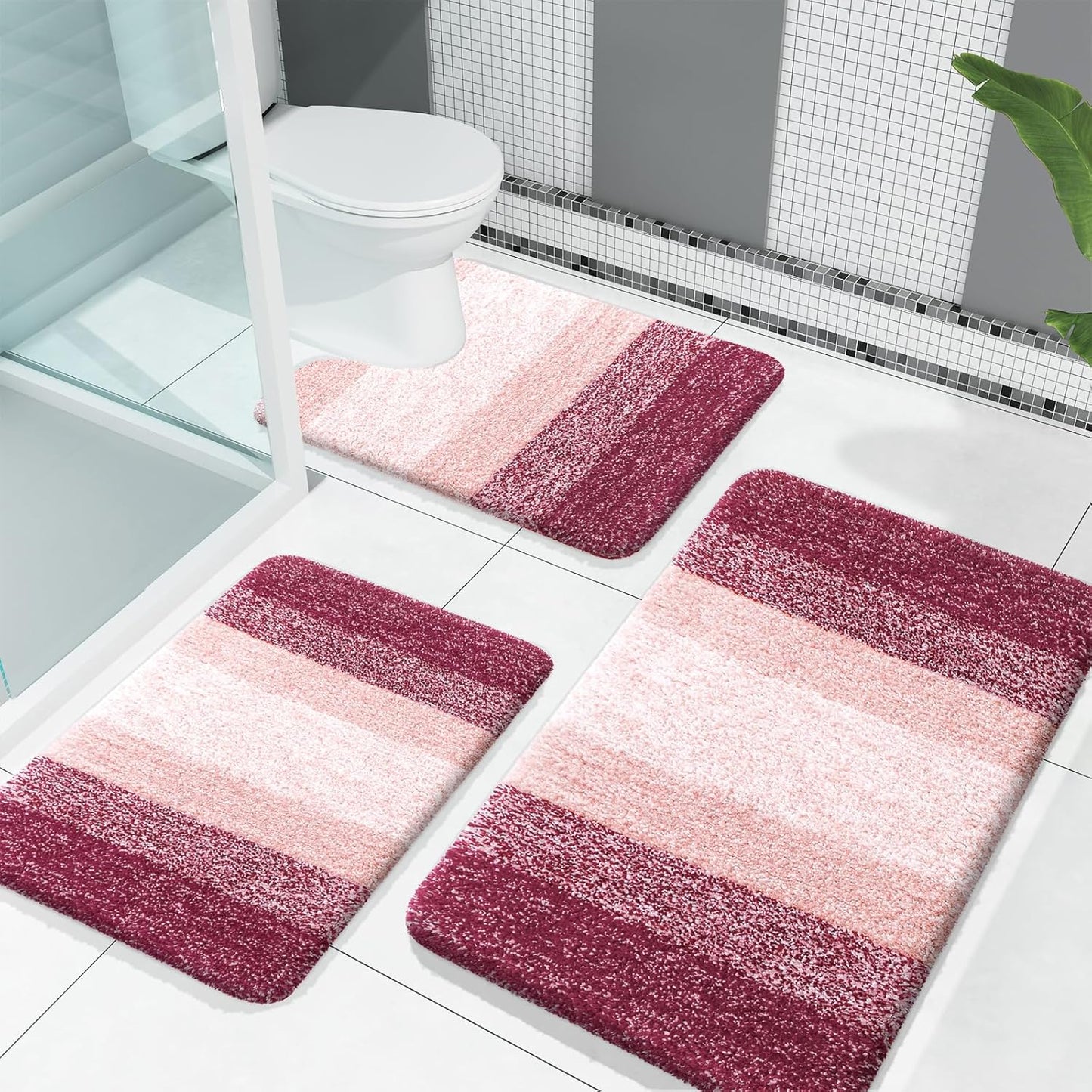 OLANLY Bathroom Rugs Sets 3 Piece, Soft Absorbent Microfiber Bath Mats and U-Shaped Contour Toilet Rug, Plush Shaggy Bath Mat Set for Bathroom (30"x20"+24"x16"+24"x20", Blackish Green)