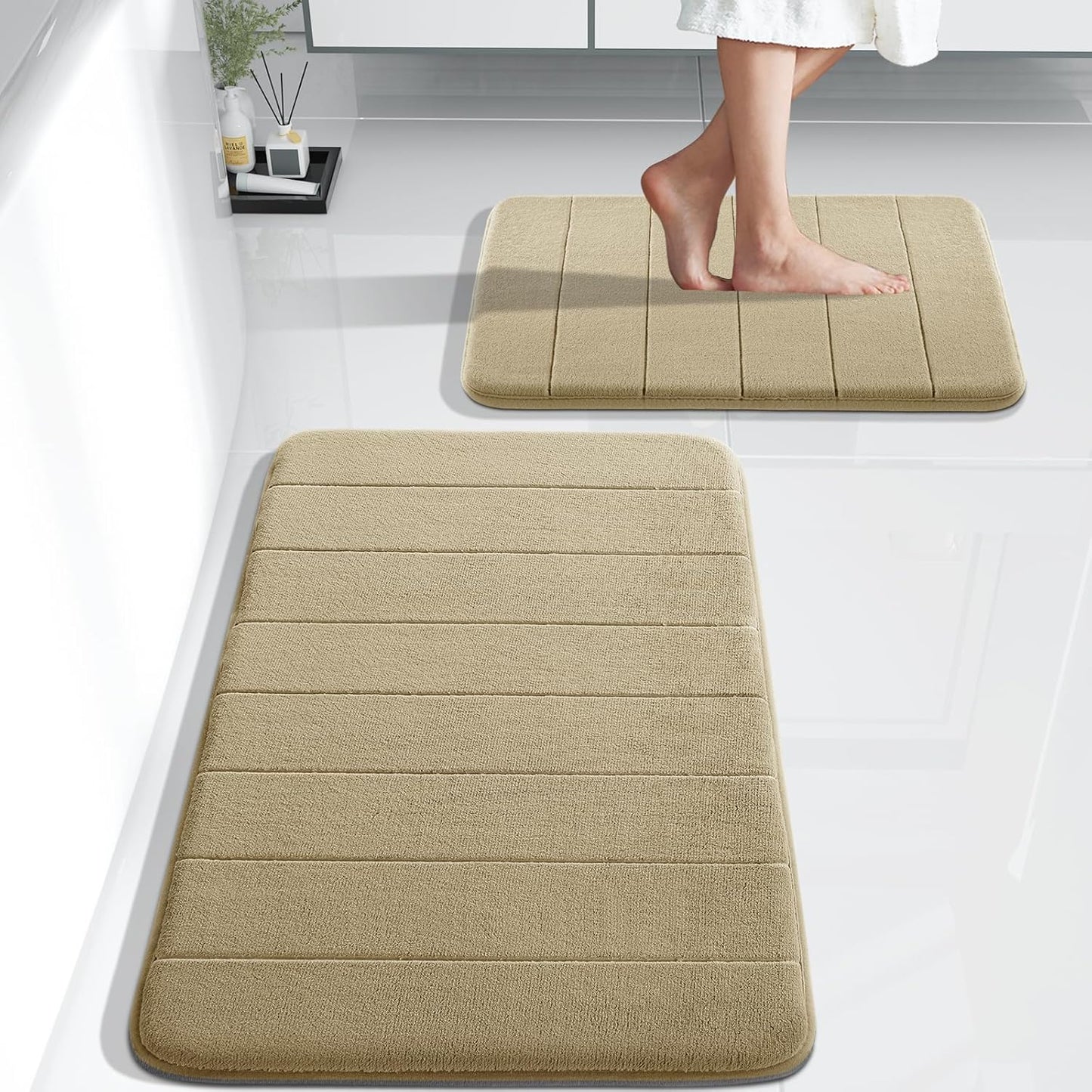 Yimobra Large Bath Mat Set 2 Piece- Super Soft Absorbent Quick Dry Memory Foam Bathroom Rugs, Machine Washable Non Slip Floor Carpet for Tub Shower & Double Vanity (17x24 & 44x24, Gray)