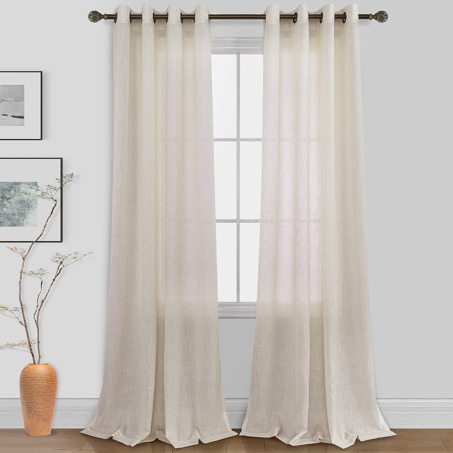 KOUFALL Beige Rustic Country Curtains for Living Room 84 Inches Long Flax Linen Bronze Grommet Tan Sand Color Solid Faux Linen Curtains for Bedroom Sliding Glass Patio Door 2 Panels