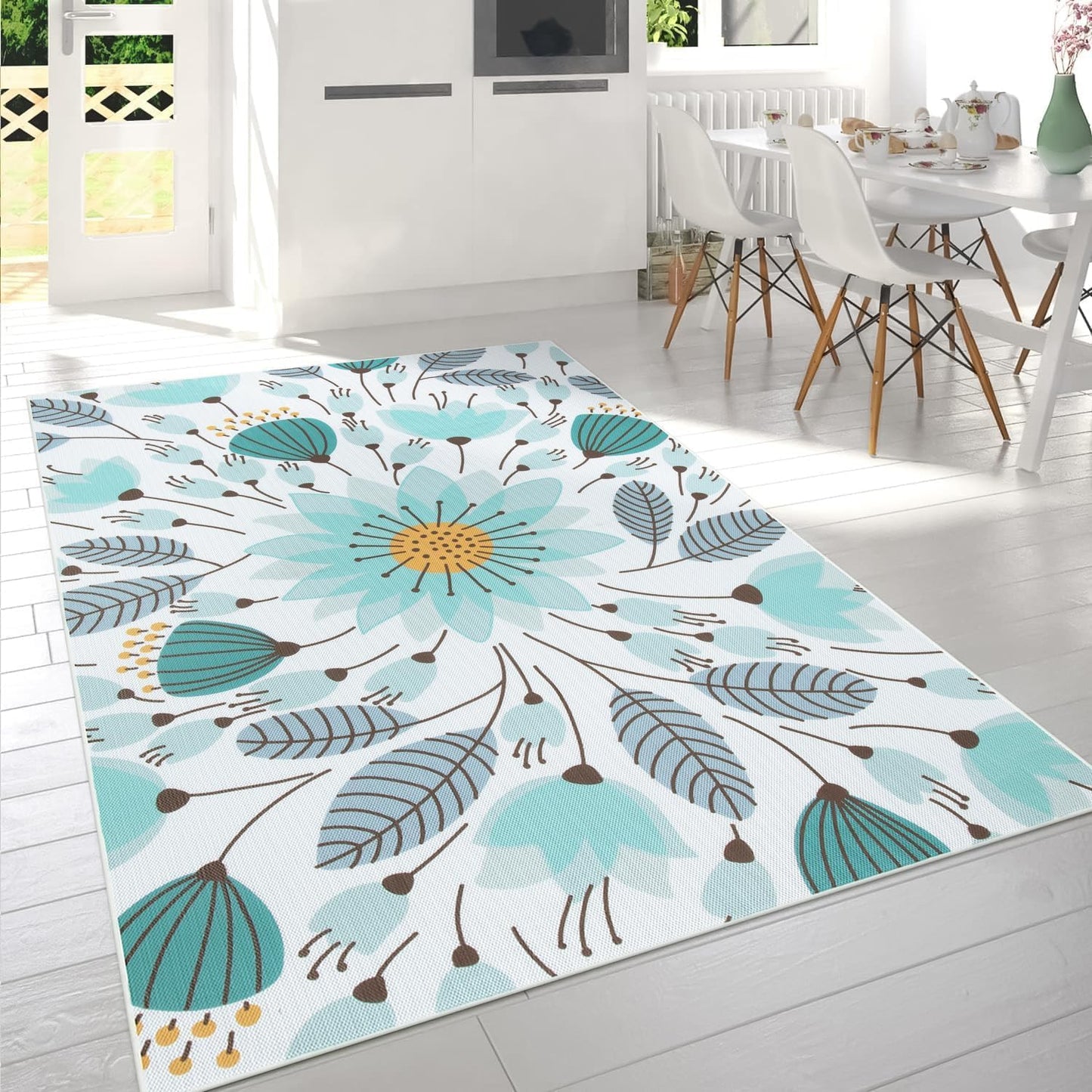 Uphome Blue Floral Patio Rug 6x9 ft, Breathable & Quick Drying Outdoor Rug Carpet, Non-Slip Washable RV Camping Mat, Flower Indoor Outdoor Area Rug for Backyard Garden Deck Balcony Picnic, 6'x9'