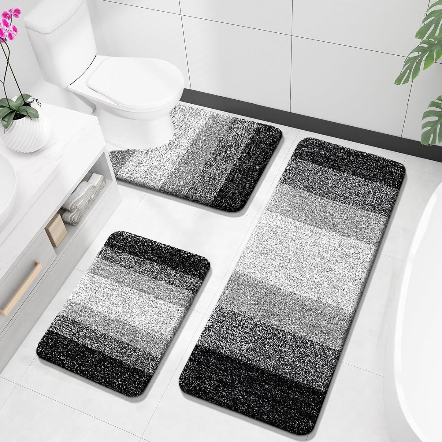 OLANLY Bathroom Rugs Sets 3 Piece, Soft Absorbent Microfiber Bath Mats and U-Shaped Contour Toilet Rug, Plush Shaggy Bath Mat Set for Bathroom (30"x20"+24"x16"+24"x20", Blackish Green)