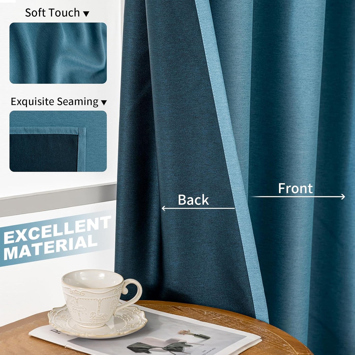 100% Blackout Linen Textured Curtains for Bedroom, Solid Thermal Insulated Grommet Blackout Curtains/Drapes with Black Liner for Living Room Window, 52W x 63L, 2 Panels, Dark Navy Blue