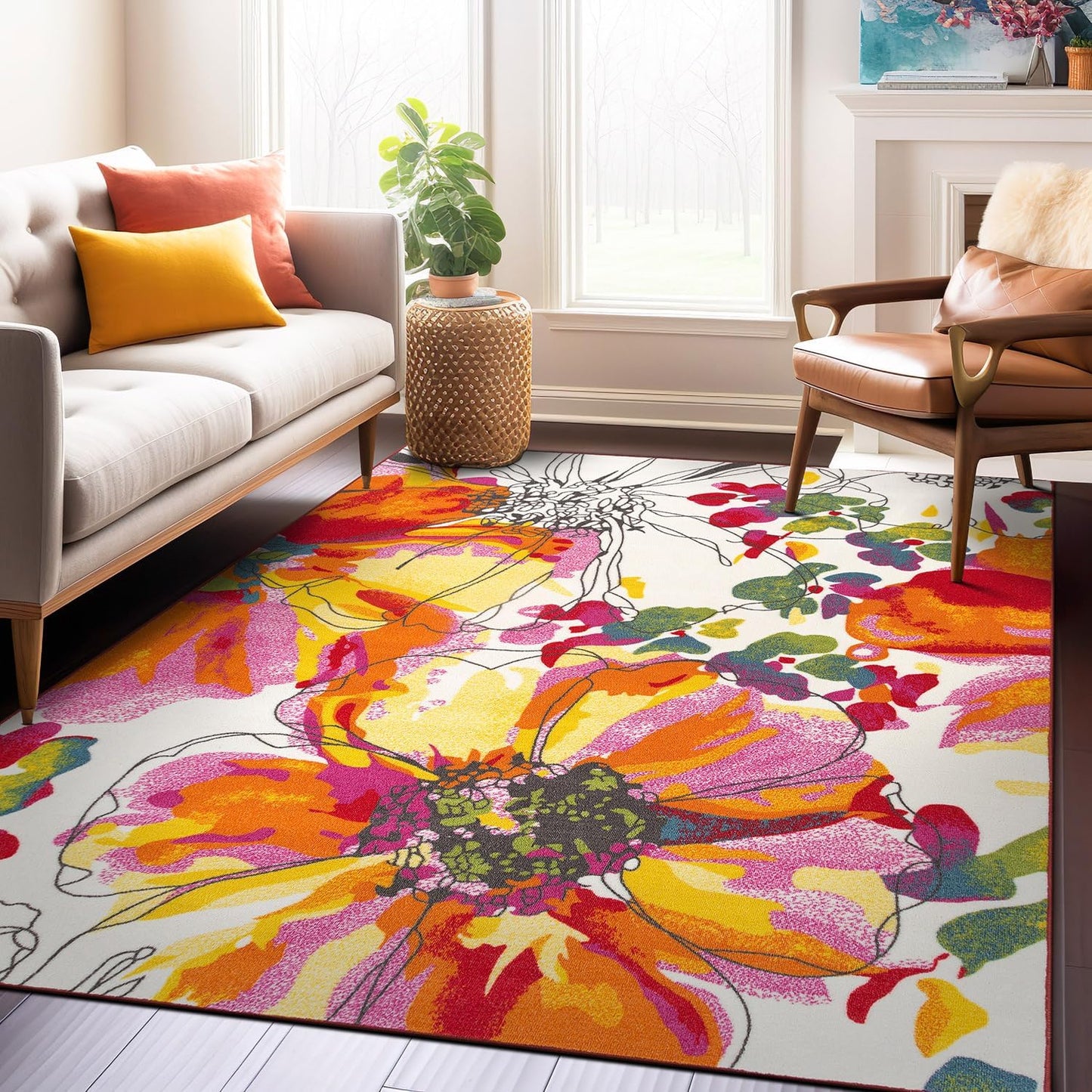 Rugshop Modern Bright Flowers Non-Slip (Non-Skid) Area Rug 8 x 10 (7' 10" x 10') Multi