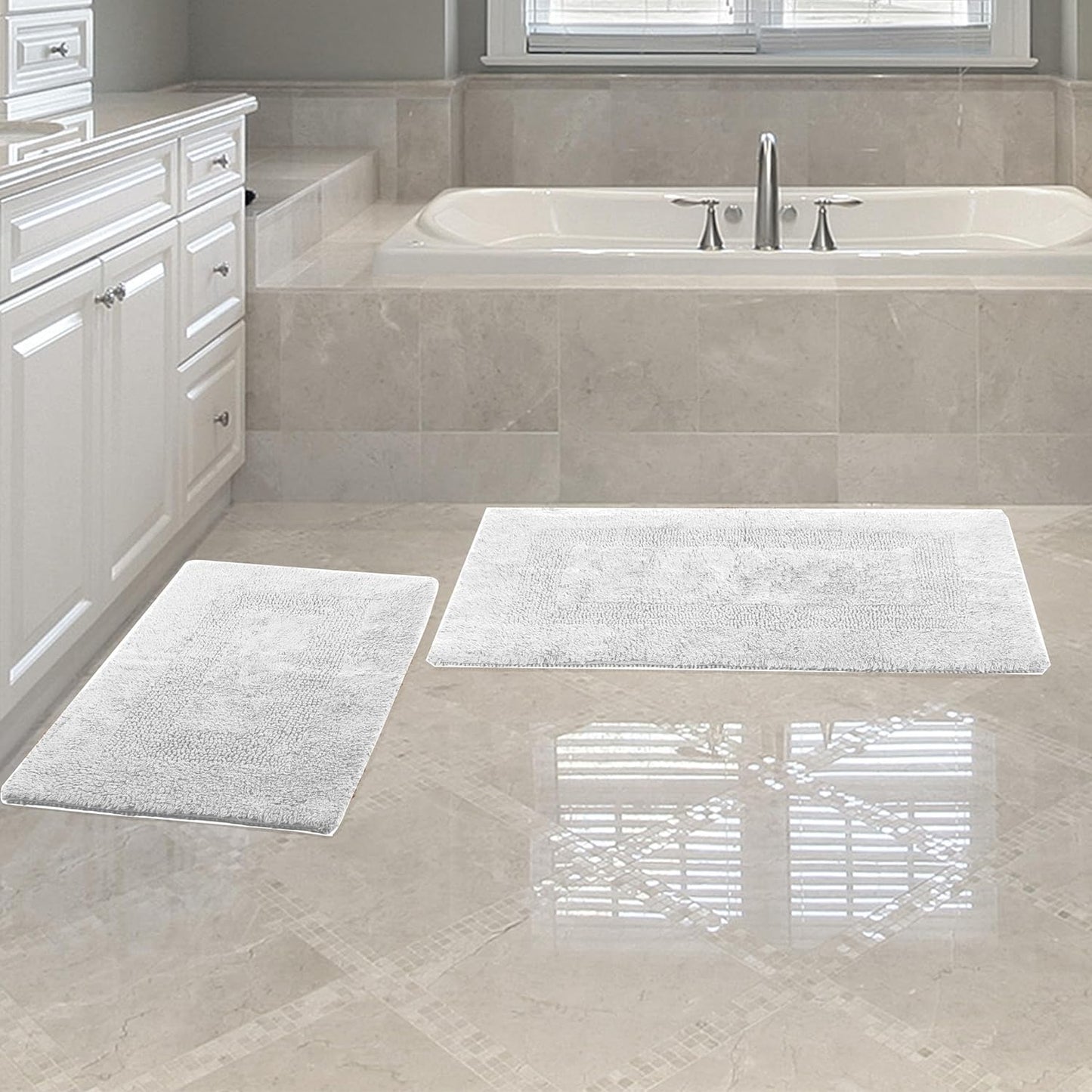 Bathroom Rugs - 2-Piece Cotton Bathroom Mat Set - Machine Washable Bath Mats for Restroom, Kitchen, or Laundry Room by Lavish Home (White)