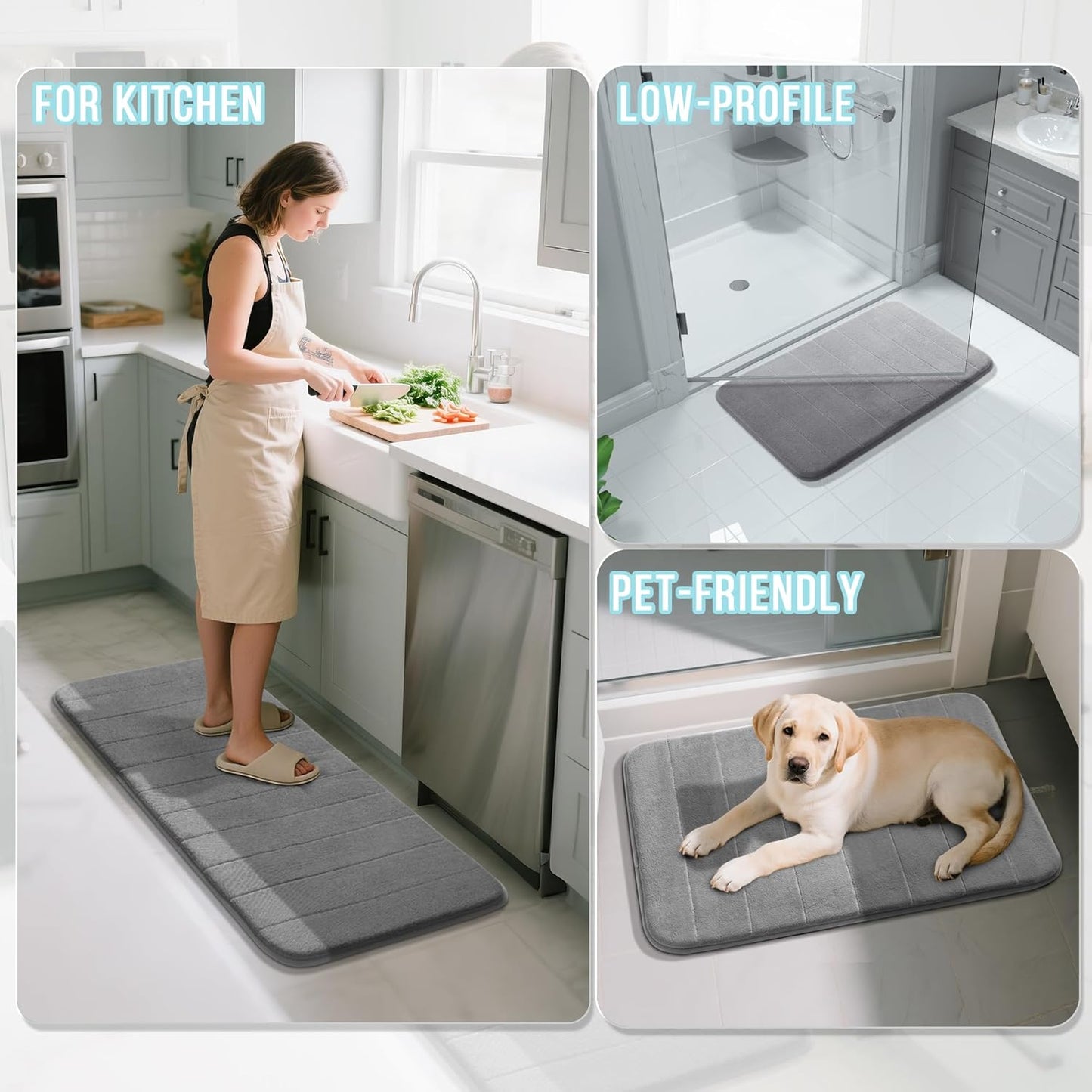 Yimobra Large Bath Mat Set 2 Piece- Super Soft Absorbent Quick Dry Memory Foam Bathroom Rugs, Machine Washable Non Slip Floor Carpet for Tub Shower & Double Vanity (17x24 & 44x24, Gray)