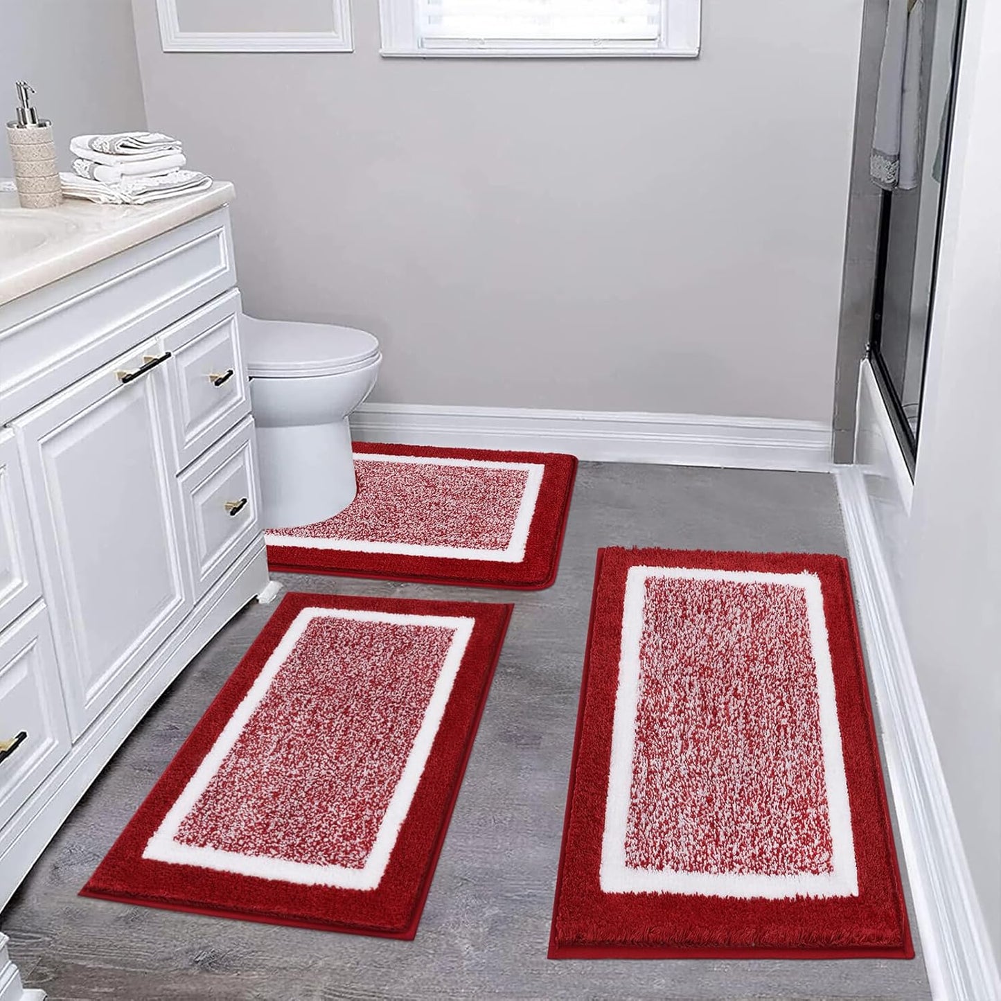 Pauwer Bathroom Rug Mat Set 3 Piece, Microfiber Shaggy Bath Set, Non-Slip Ultra Soft Carpet Mats, Absorbent with U-Shaped Toilet for Bathroom, Tub, Shower, Dark Grey