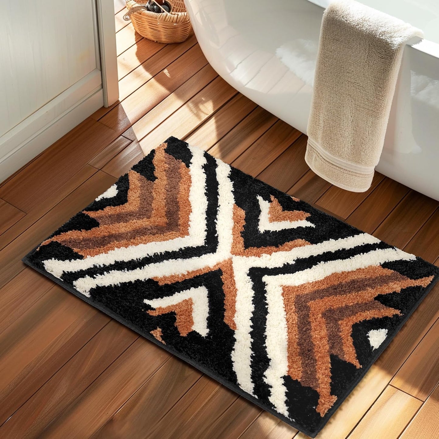 Boho Long Bathroom Rugs Runner Non Slip Washable Western Aztec Bath Mats Rugs for Bathroom Hallway Plush Soft Absorbent Farmhouse Carpet for Shower, Kitchen, 24x60 inch, WhiteBrown