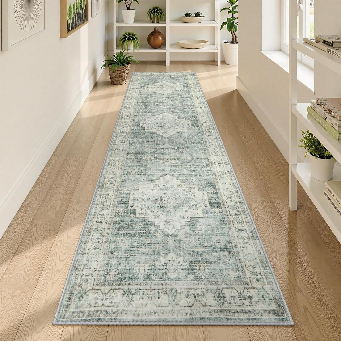 LIVEBOX Washable 2x6 Runner Rug for Bathroom, Non Slip Kitchen Mats for Floor Entryway, Boho Indoor Front Door Mat Low-Pile Runners for Hallways, Farmhouse Rugs for Laundry, Sage Green