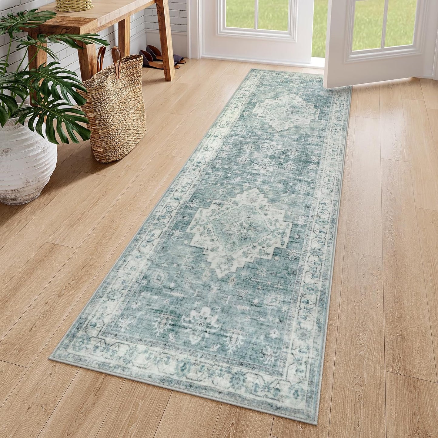 LIVEBOX Washable 2x6 Runner Rug for Bathroom, Non Slip Kitchen Mats for Floor Entryway, Boho Indoor Front Door Mat Low-Pile Runners for Hallways, Farmhouse Rugs for Laundry, Sage Green