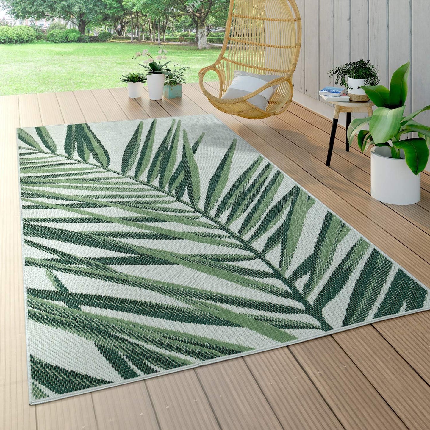 Indoor & Outdoor Rug Flat-Weave Jungle Floral Palm Trees Design Black Green, Size: 3'11" x 5'7"