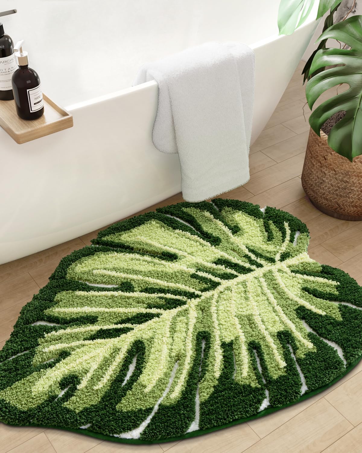 DEXI Leaf Bathroom Rugs Monstera, 23.5x31.5 Tropical Plant Shaped Bath Mat Green, Washable Shower Floor Bathmat Toilet Carpet Non Slip