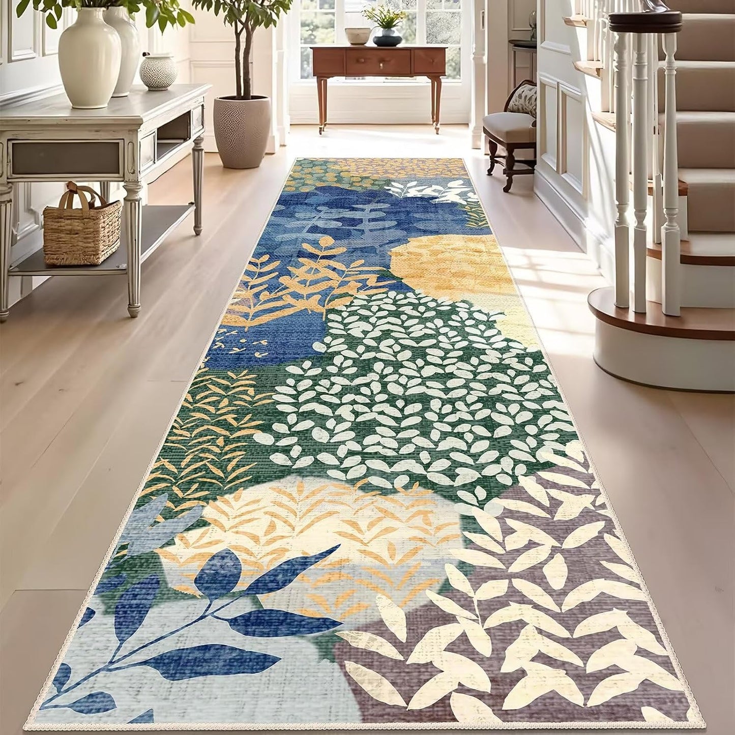 DEXDE Runner Rug 2x6 Washable Hallway Boho Soft Area Rugs Abstract Long Non Slip Botanical Leaves Floral Print Carpet for Entryway, Kitchen, Laundry, Bathroom, Bedroom,Blue