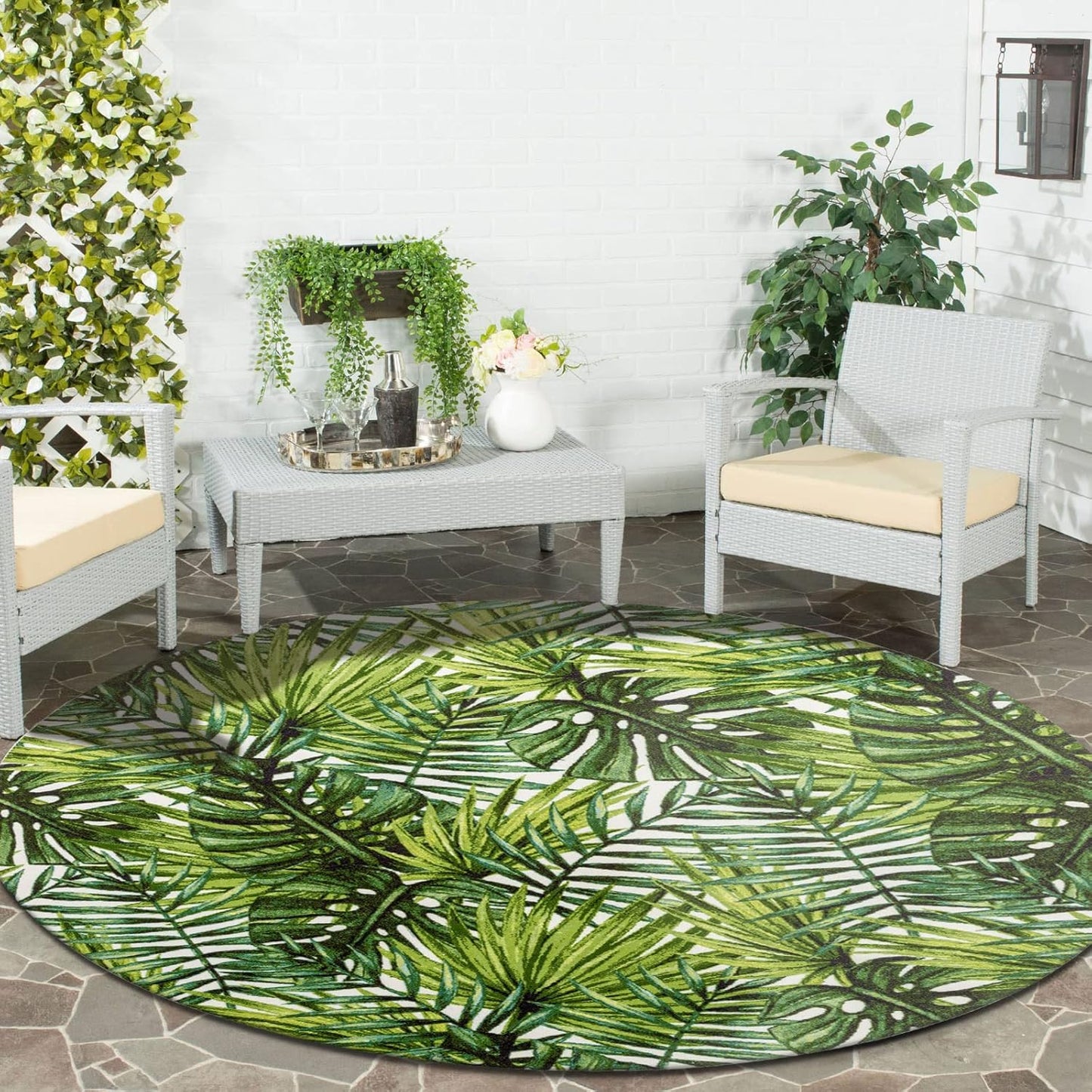 DECOMALL Outdoor Rugs for Patio Deck Porch Balcony Backyard, Green Blue Flower, 5'x7'