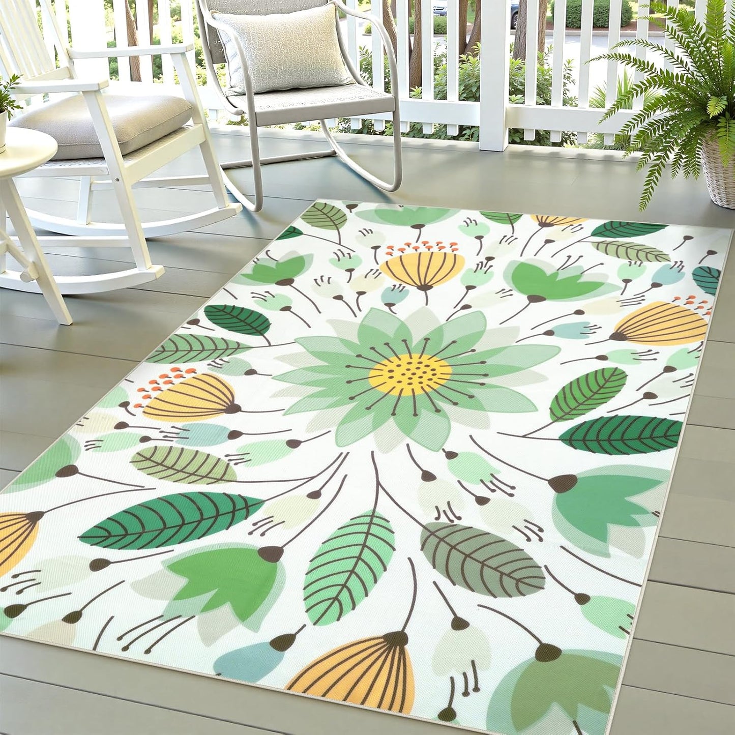 Uphome Blue Floral Patio Rug 6x9 ft, Breathable & Quick Drying Outdoor Rug Carpet, Non-Slip Washable RV Camping Mat, Flower Indoor Outdoor Area Rug for Backyard Garden Deck Balcony Picnic, 6'x9'