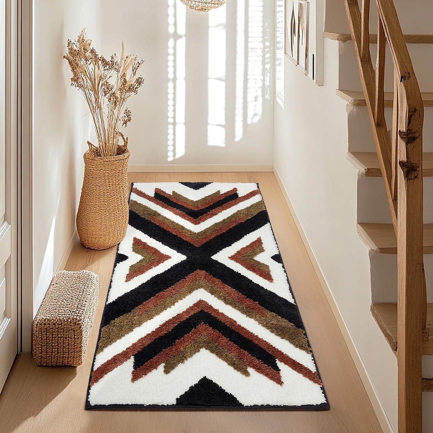 Boho Long Bathroom Rugs Runner Non Slip Washable Western Aztec Bath Mats Rugs for Bathroom Hallway Plush Soft Absorbent Farmhouse Carpet for Shower, Kitchen, 24x60 inch, WhiteBrown