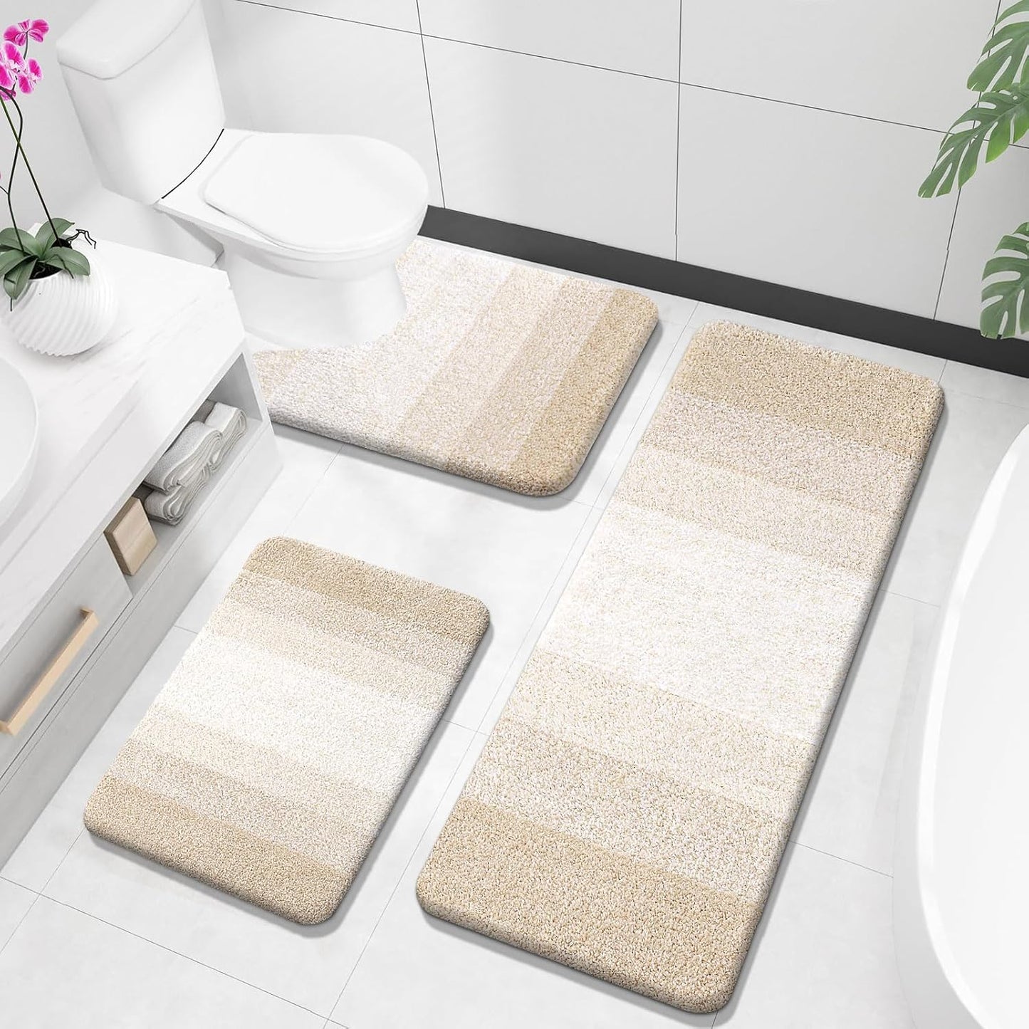 OLANLY Bathroom Rugs Sets 3 Piece, Soft Absorbent Microfiber Bath Mats and U-Shaped Contour Toilet Rug, Plush Shaggy Bath Mat Set for Bathroom (30"x20"+24"x16"+24"x20", Blackish Green)
