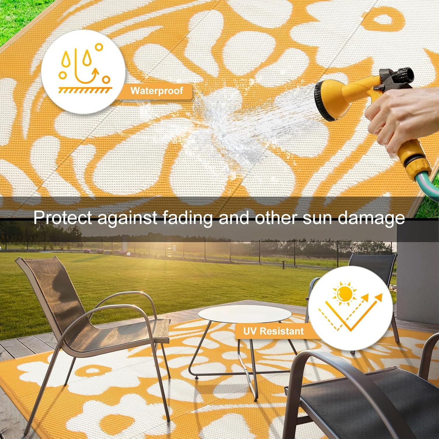 Uphome Outdoor Rug Mat Waterproof 5x8 ft, Reversible Outdoor Plastic Straw Rug, Orange Floral Patio Rug, Foldable RV Camping Rug, Indoor Outdoor Area Rug for Backyard Deck Pool Balcony Picnic, 5'x8'