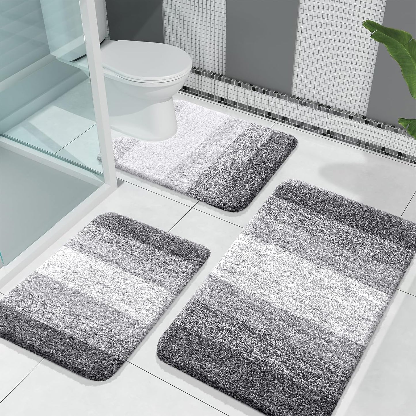 OLANLY Bathroom Rugs Sets 3 Piece, Soft Absorbent Microfiber Bath Mats and U-Shaped Contour Toilet Rug, Plush Shaggy Bath Mat Set for Bathroom (30"x20"+24"x16"+24"x20", Blackish Green)