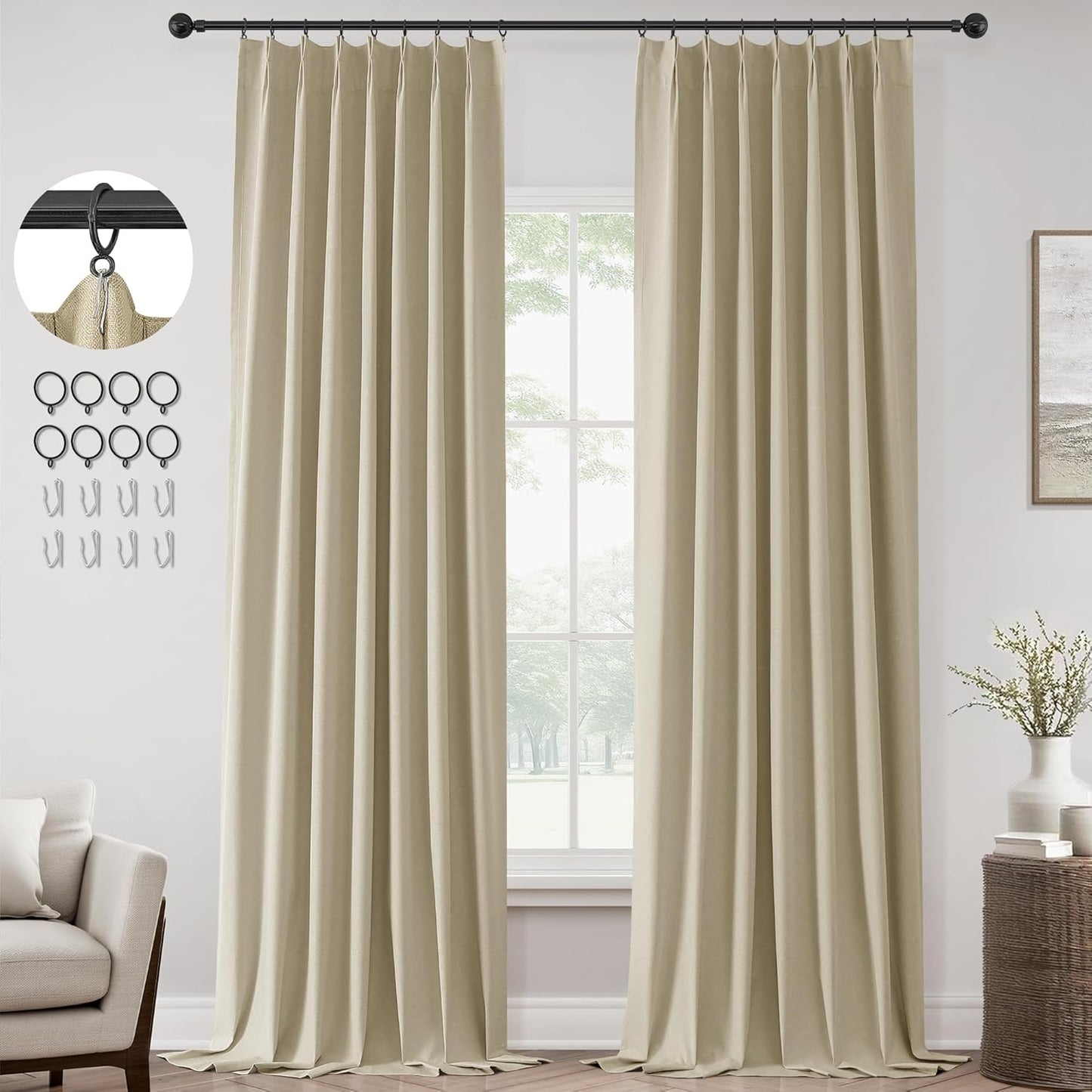 ChrisDowa Terracotta Pinch Pleated Blackout Linen Curtains 102 Inch Long 2 Panels for Living Room Bedroom Farmhouse Room darking Thermal Insulated Back Tab Hooks Rings Window Treatment Drapes,40x102