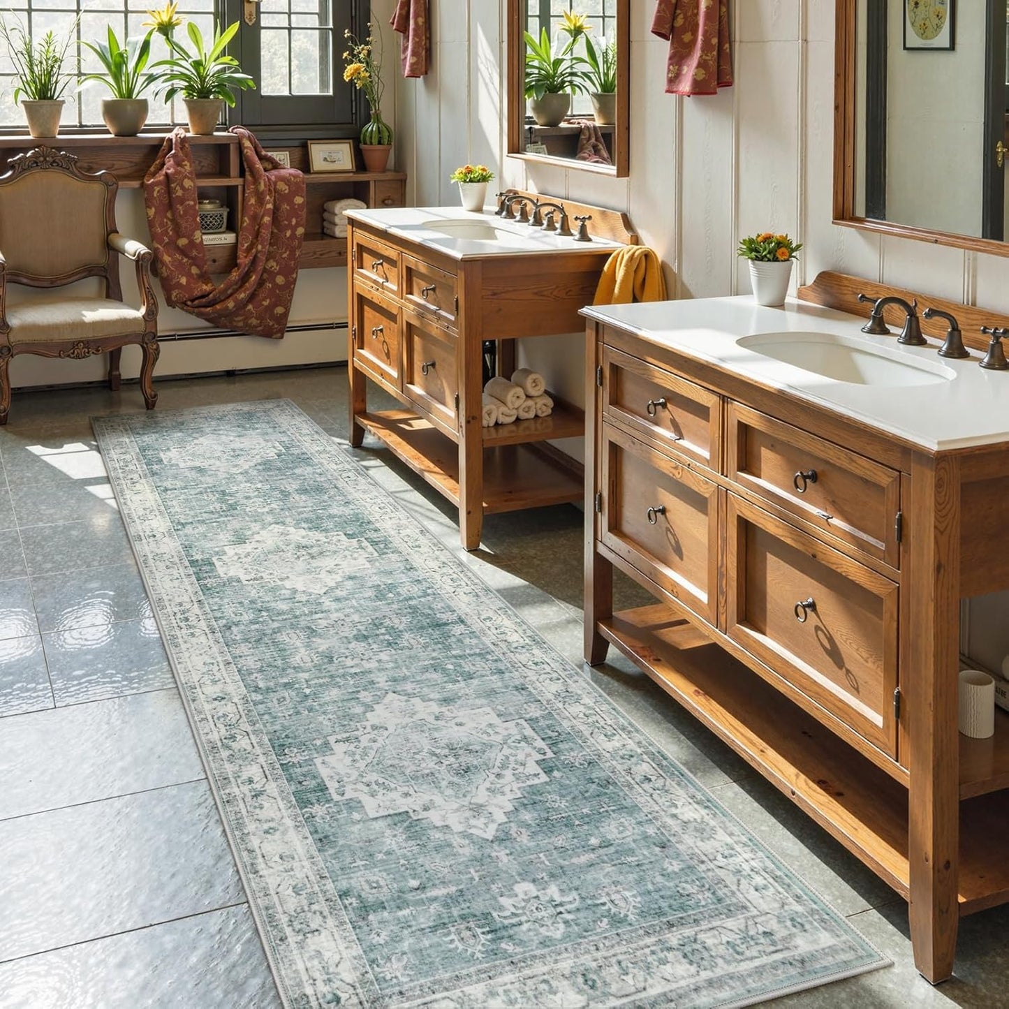 LIVEBOX Washable 2x6 Runner Rug for Bathroom, Non Slip Kitchen Mats for Floor Entryway, Boho Indoor Front Door Mat Low-Pile Runners for Hallways, Farmhouse Rugs for Laundry, Sage Green