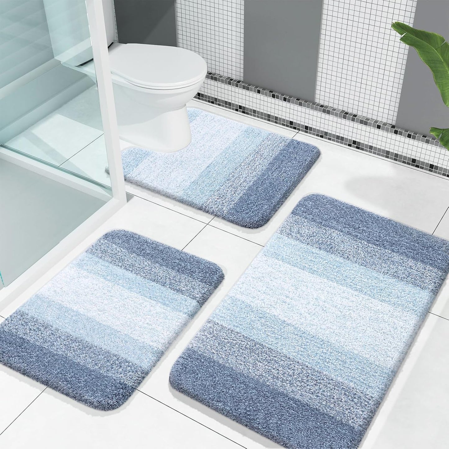 OLANLY Bathroom Rugs Sets 3 Piece, Soft Absorbent Microfiber Bath Mats and U-Shaped Contour Toilet Rug, Plush Shaggy Bath Mat Set for Bathroom (30"x20"+24"x16"+24"x20", Blackish Green)