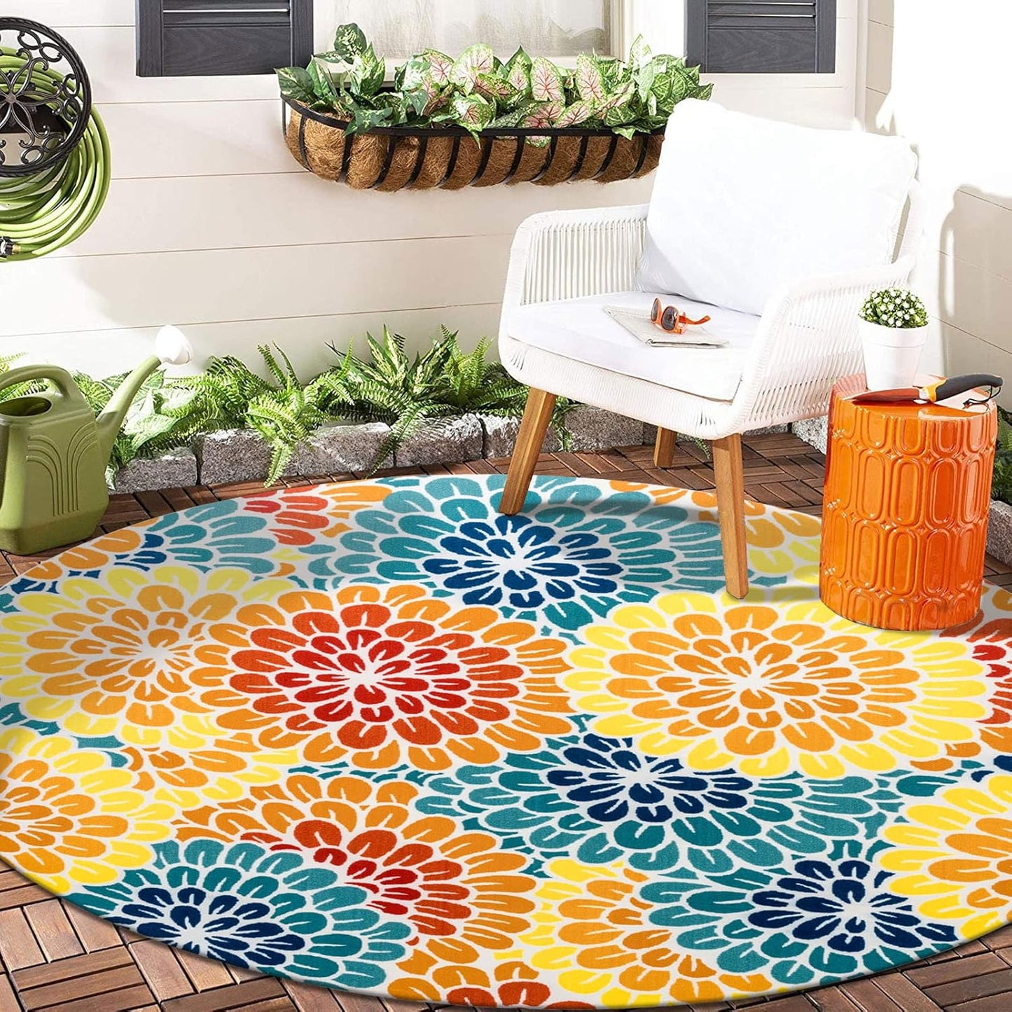 DECOMALL Outdoor Rugs for Patio Deck Porch Balcony Backyard, Green Blue Flower, 5'x7'