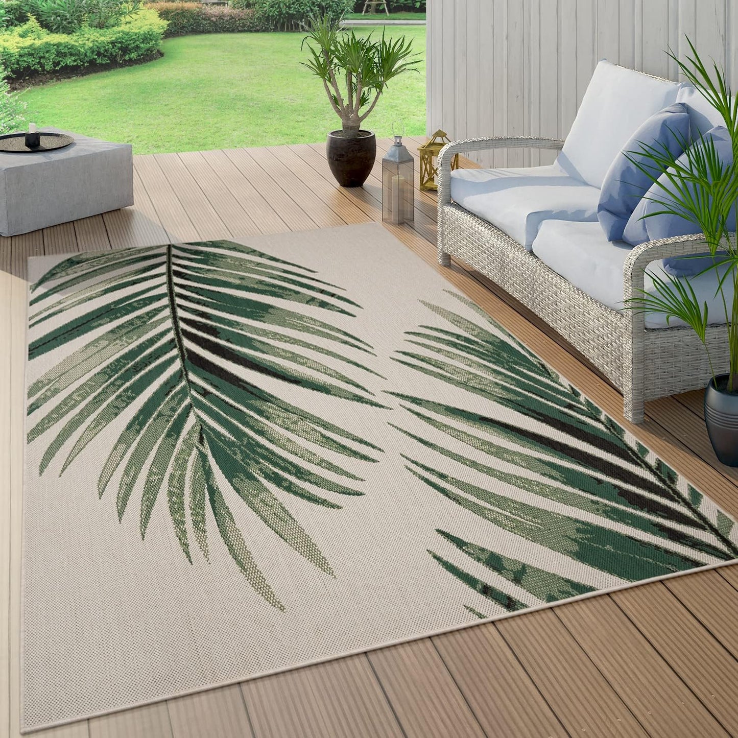 Indoor & Outdoor Rug Flat-Weave Jungle Floral Palm Trees Design Black Green, Size: 3'11" x 5'7"