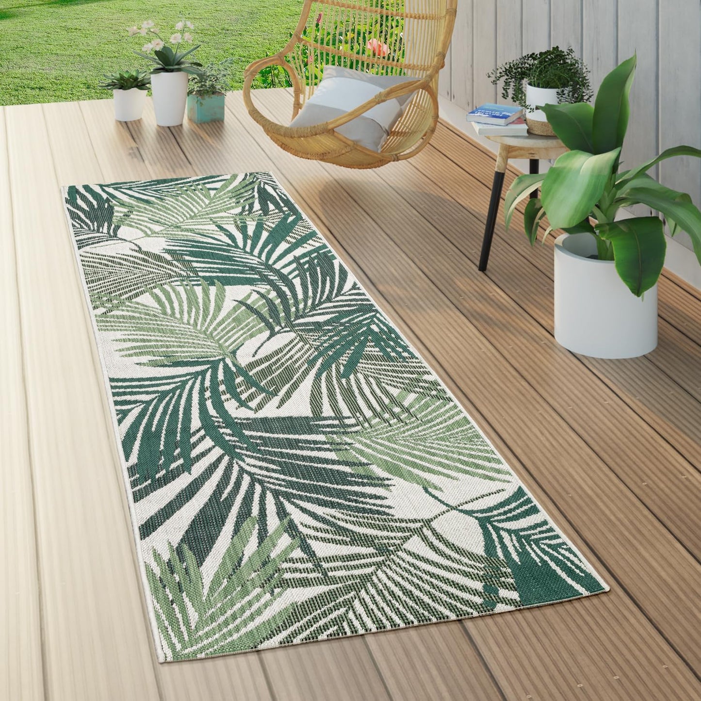 Indoor & Outdoor Rug Flat-Weave Jungle Floral Palm Trees Design Black Green, Size: 3'11" x 5'7"