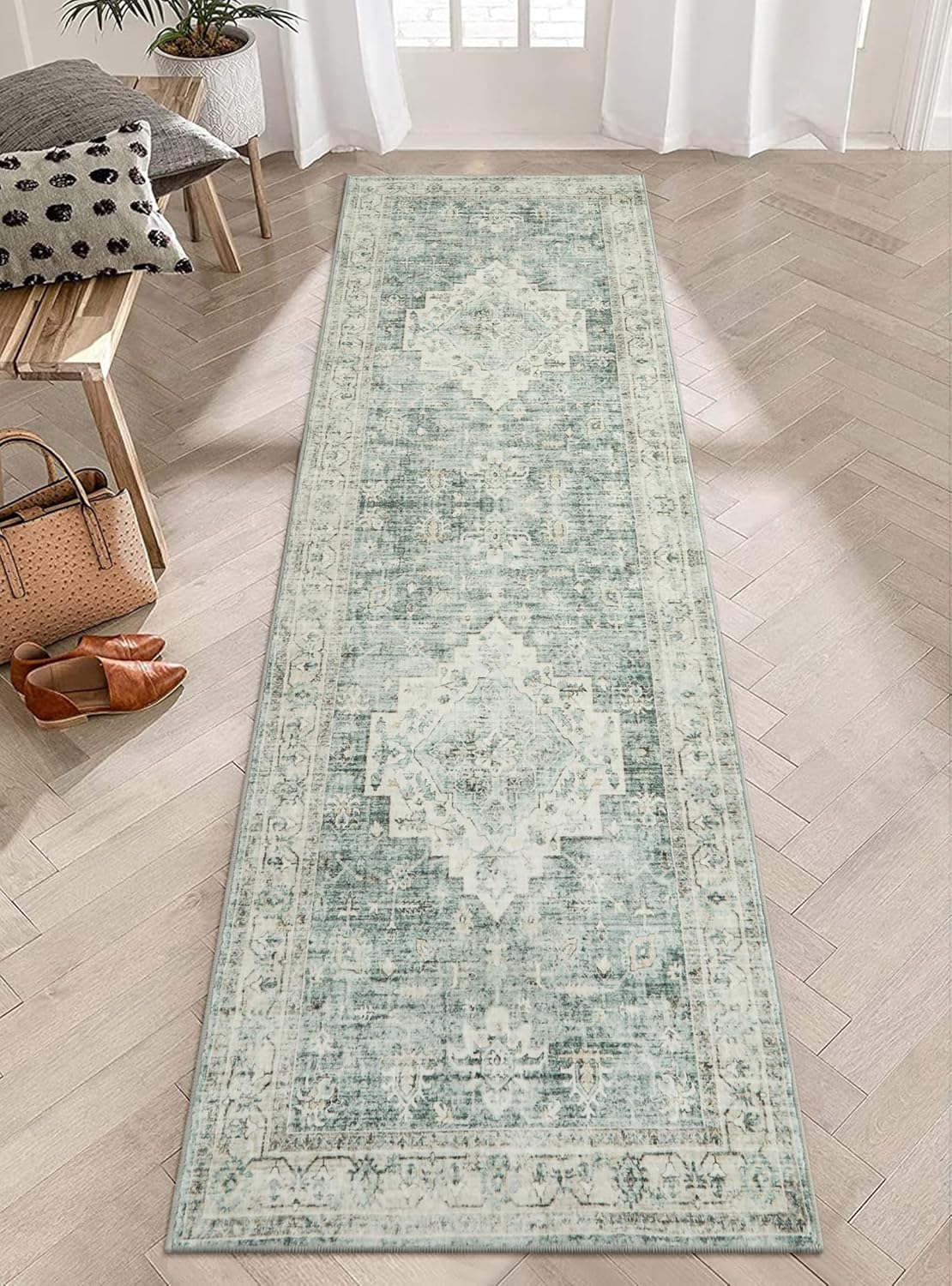 LIVEBOX Washable 2x6 Runner Rug for Bathroom, Non Slip Kitchen Mats for Floor Entryway, Boho Indoor Front Door Mat Low-Pile Runners for Hallways, Farmhouse Rugs for Laundry, Sage Green