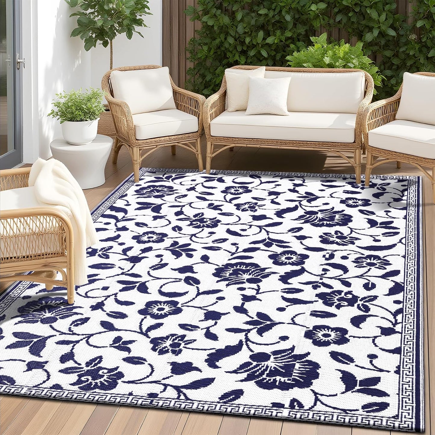 OLANLY Waterproof Outdoor Rug 5x8 ft, Outdoor Plastic Straw Rug with Flower Pattern, Reversible RV Mat for Patio, Camping, Balcony, Deck, Backyard, Black & White