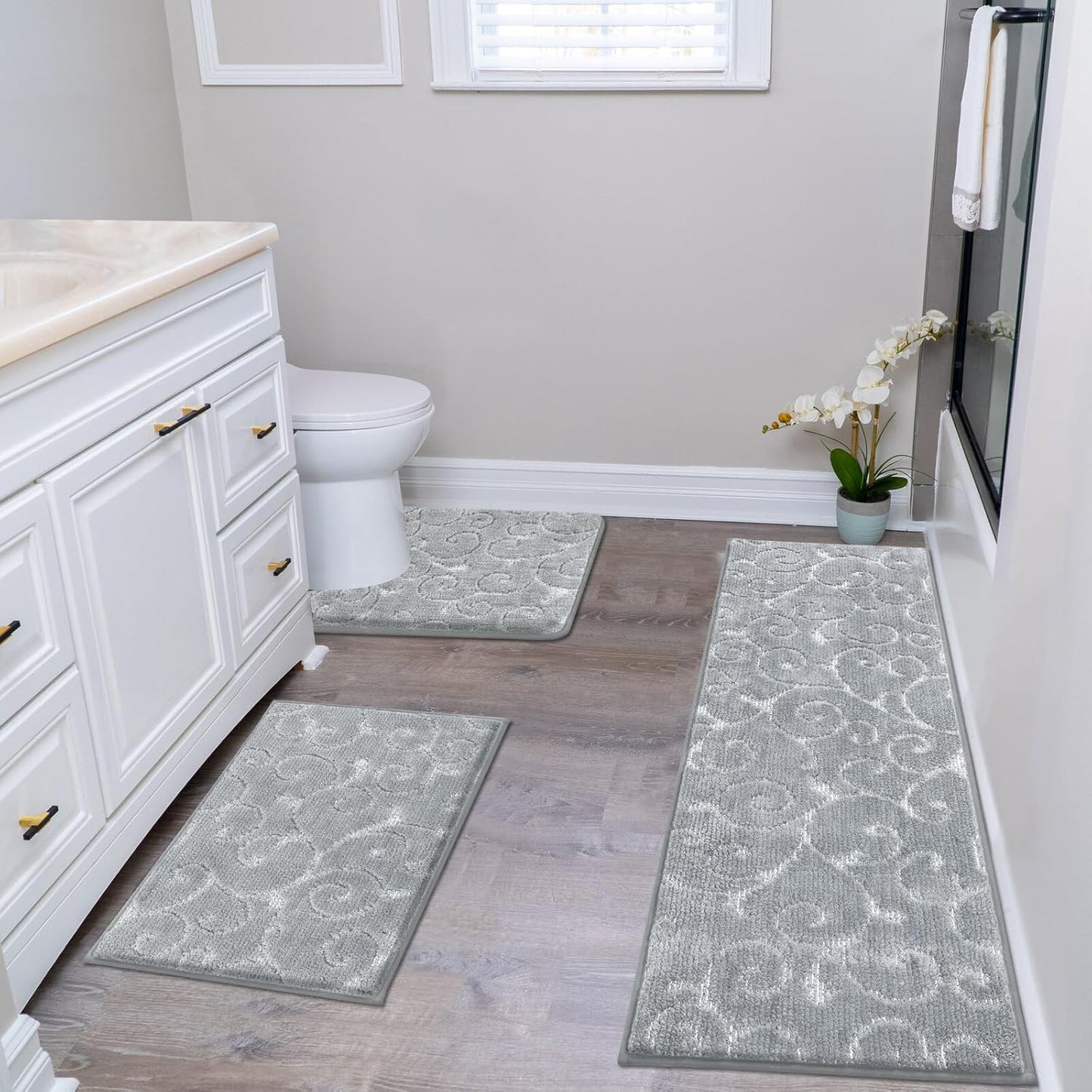 HEBE Bathroom Rug Set - 3 Piece Non Slip Shower Mats with U-Shaped Toilet Mat, Absorbent Microfiber Bath Mats for Bath Rugs, Washable Shaggy Floor Carpet