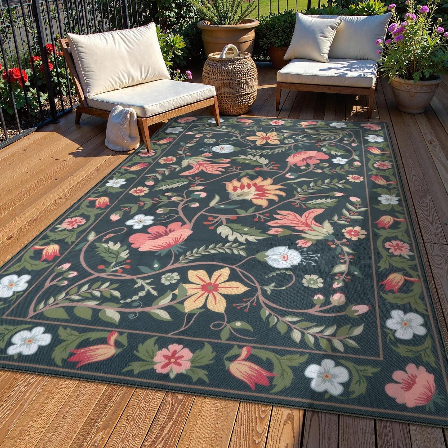 Uphome Indoor Outdoor Area Rug 6x9 ft, Large Floral Patio Rugs for RV Camping Outside, Washable Living Room Mat Non Slip, Breathable Floor Carpet for Bedroom Deck Porch Backyard, Black