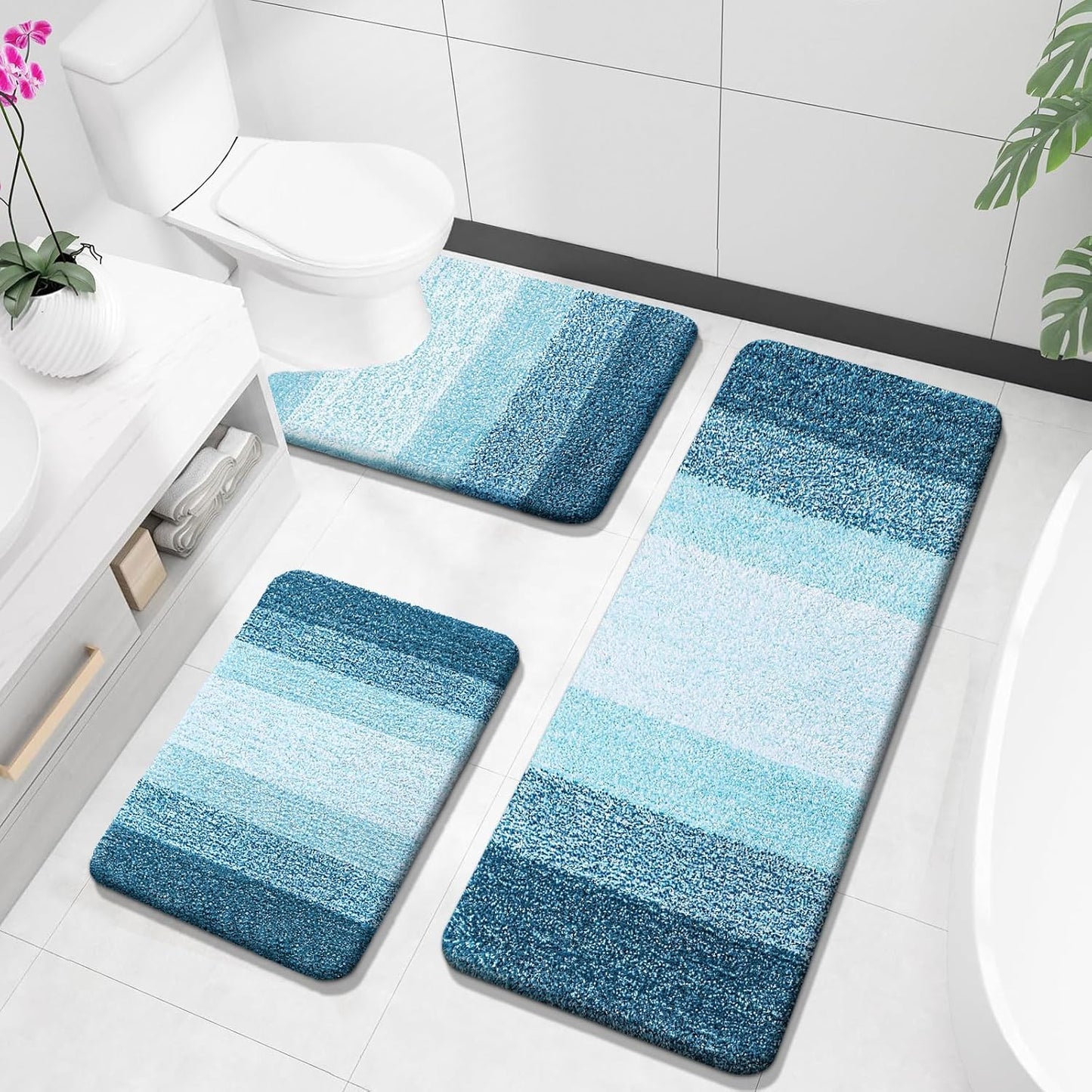 OLANLY Bathroom Rugs Sets 3 Piece, Soft Absorbent Microfiber Bath Mats and U-Shaped Contour Toilet Rug, Plush Shaggy Bath Mat Set for Bathroom (30"x20"+24"x16"+24"x20", Blackish Green)