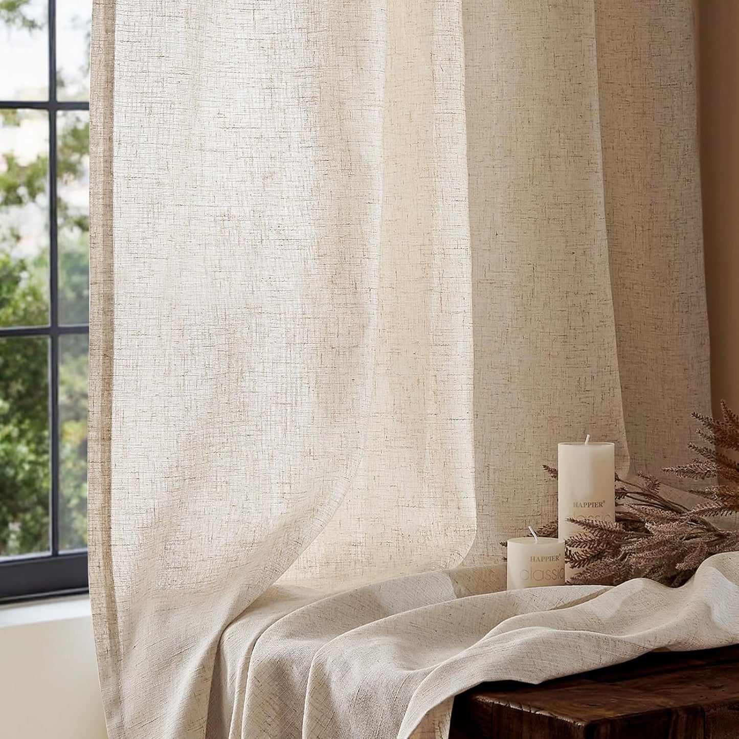 jinchan Linen Blend Semi Sheer Curtains 50W x 84L Inch Beige for Bedroom Curtains Light Weight Soft Window Grommet Drapes 2-Panel Set