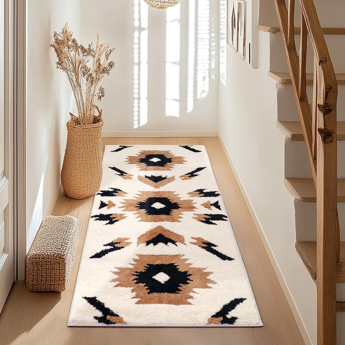 Boho Long Bathroom Rugs Runner Non Slip Washable Western Aztec Bath Mats Rugs for Bathroom Hallway Plush Soft Absorbent Farmhouse Carpet for Shower, Kitchen, 24x60 inch, WhiteBrown