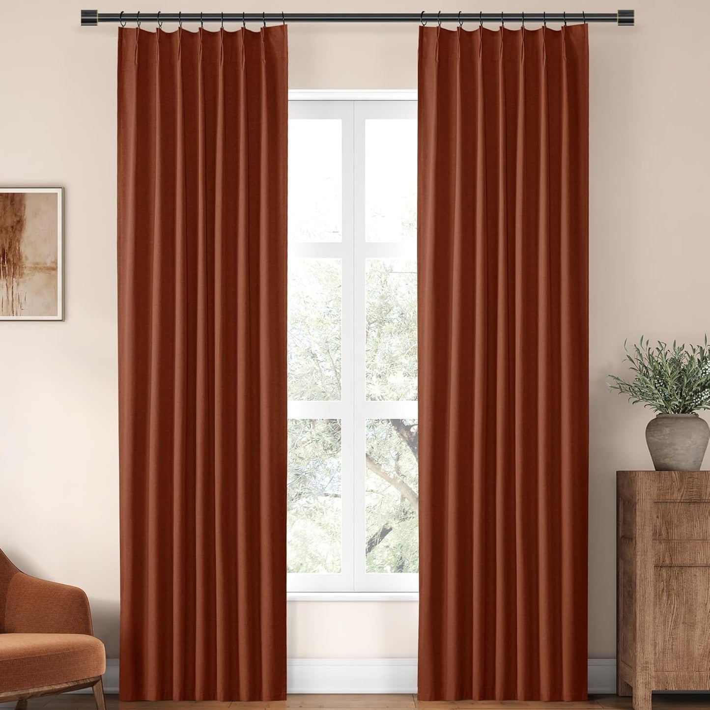 ChrisDowa Terracotta Pinch Pleated Blackout Linen Curtains 102 Inch Long 2 Panels for Living Room Bedroom Farmhouse Room darking Thermal Insulated Back Tab Hooks Rings Window Treatment Drapes,40x102