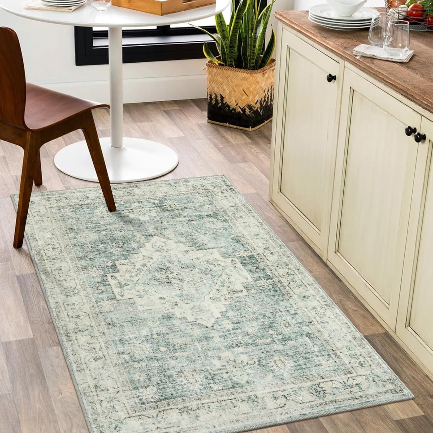 LIVEBOX Washable 2x6 Runner Rug for Bathroom, Non Slip Kitchen Mats for Floor Entryway, Boho Indoor Front Door Mat Low-Pile Runners for Hallways, Farmhouse Rugs for Laundry, Sage Green