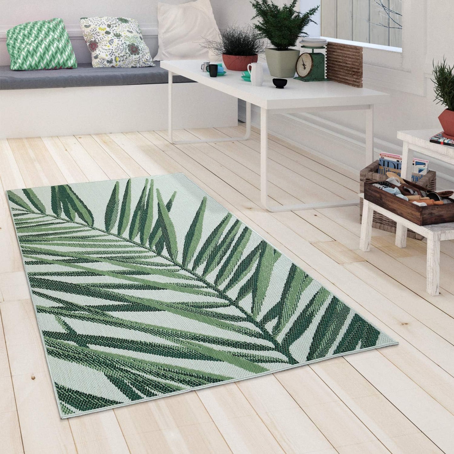 Indoor & Outdoor Rug Flat-Weave Jungle Floral Palm Trees Design Black Green, Size: 3'11" x 5'7"