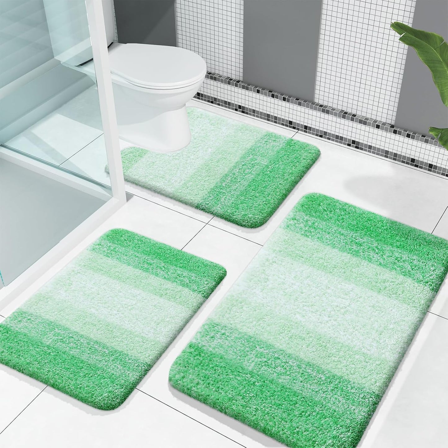 OLANLY Bathroom Rugs Sets 3 Piece, Soft Absorbent Microfiber Bath Mats and U-Shaped Contour Toilet Rug, Plush Shaggy Bath Mat Set for Bathroom (30"x20"+24"x16"+24"x20", Blackish Green)