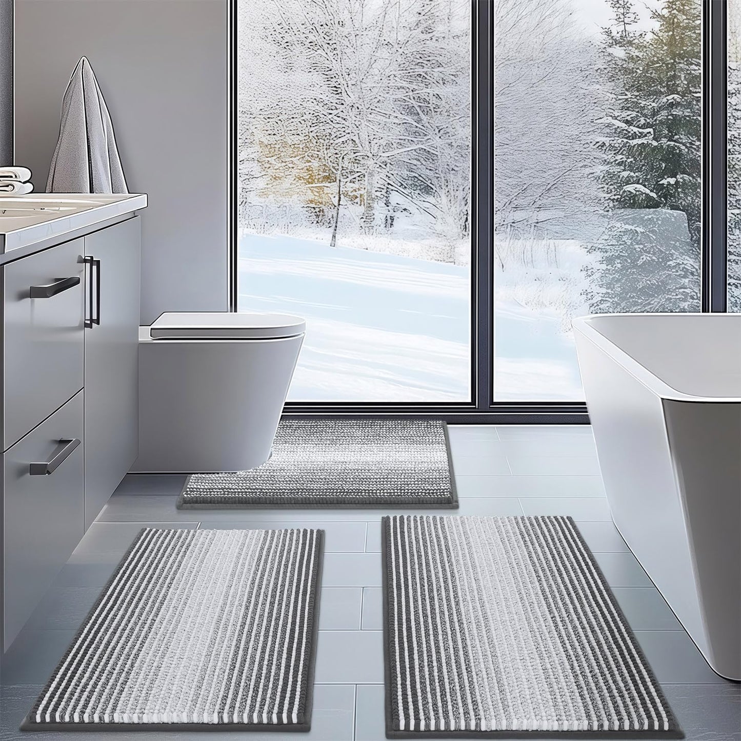 BSICPRO Bathroom Rugs Sets 3 Piece, Toilet Rugs U-Shaped Contour Bath Mat Set, Long Striped Absorbent Non Slip Chenille Shower Mat, Sage