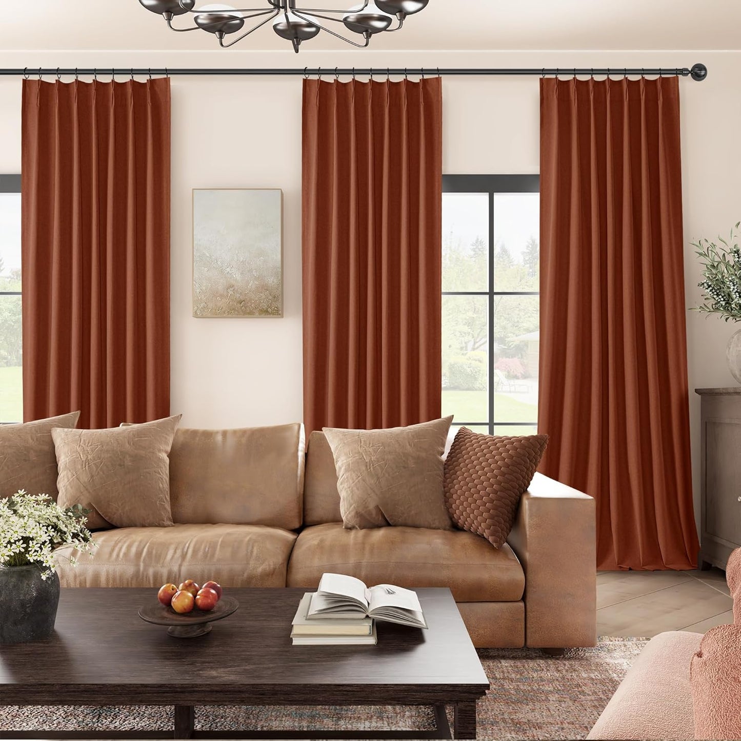 ChrisDowa Terracotta Pinch Pleated Blackout Linen Curtains 102 Inch Long 2 Panels for Living Room Bedroom Farmhouse Room darking Thermal Insulated Back Tab Hooks Rings Window Treatment Drapes,40x102