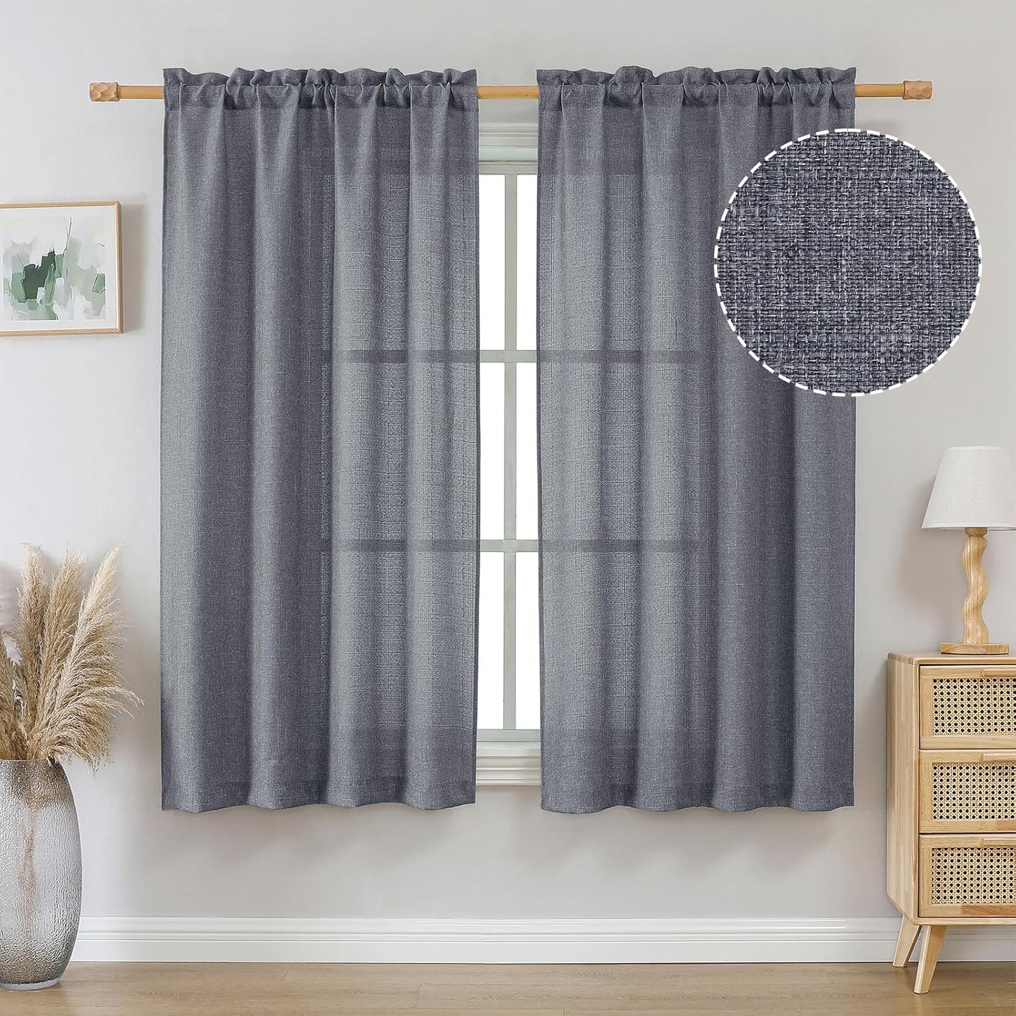 OVZME Light Grey Curtains 63 Inch Length 2 Panels, Faux Linen Textured Semi Light Filtering Drapes, Soft Airy Farmhouse Slub Window Curtains for Living Room Bedroom, Each 40x63 Inches