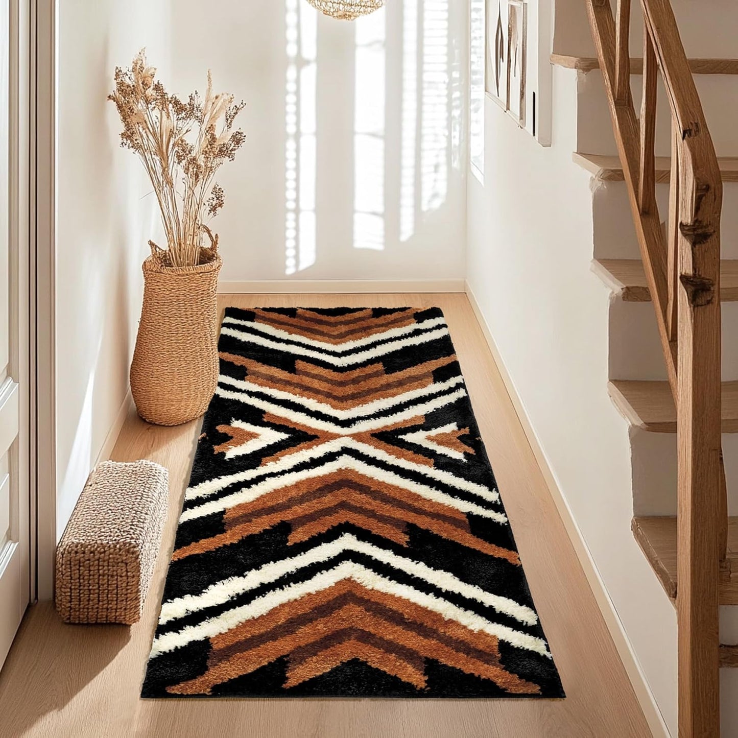 Boho Long Bathroom Rugs Runner Non Slip Washable Western Aztec Bath Mats Rugs for Bathroom Hallway Plush Soft Absorbent Farmhouse Carpet for Shower, Kitchen, 24x60 inch, WhiteBrown